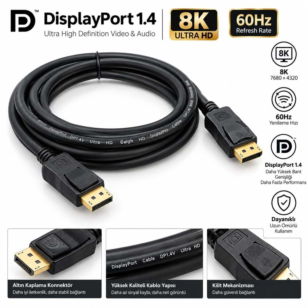 NBTech NB-2565 5 Metre DisplayPort 1.4 Kablo 8K 60Hz 4K 144Hz 2K 165Hz 1080P 240Hz