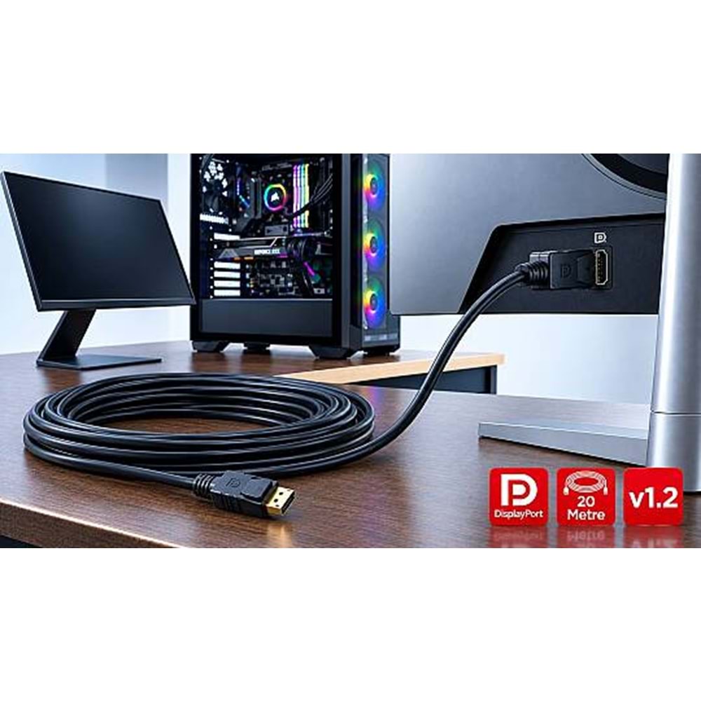NBTech NB-3820 20 Metre DisplayPort 1.2 Kablo 1080p 144Hz 4K 30Hz Altın Uçlu