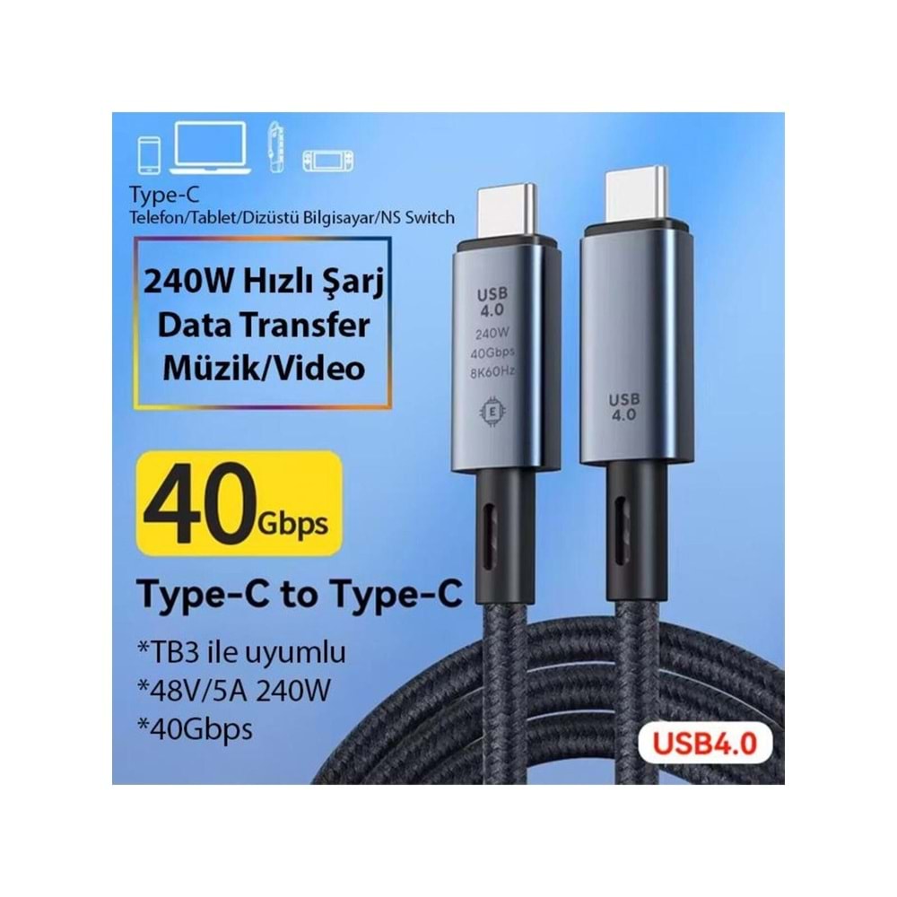 NBTech 0,50CM 240W 4.0 Thunderbolt Type-C to Type-C Şarj, Data ve 8K 60Hz Görüntü Aktarım Kablosu