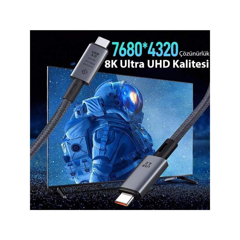 NBTech 1.2MT 240W 4.0 Thunderbolt Type-C to Type-C Şarj, Data ve 8K 60Hz Görüntü Aktarım Kablosu