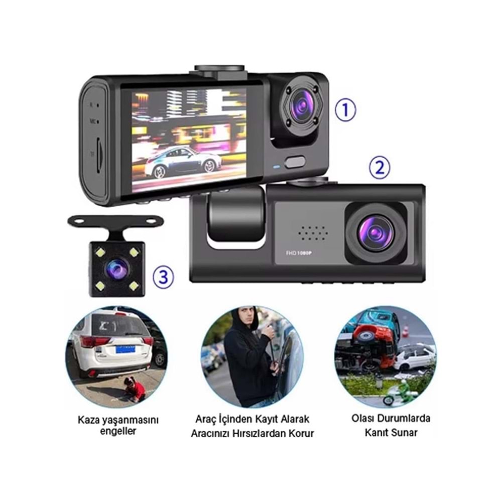 NBTech Black Box 1080P Ön-Arka 3 Kameralı 2.0”Hd Ekran Ve G Sensörlü Akıllı Wifi Araç Kamerası