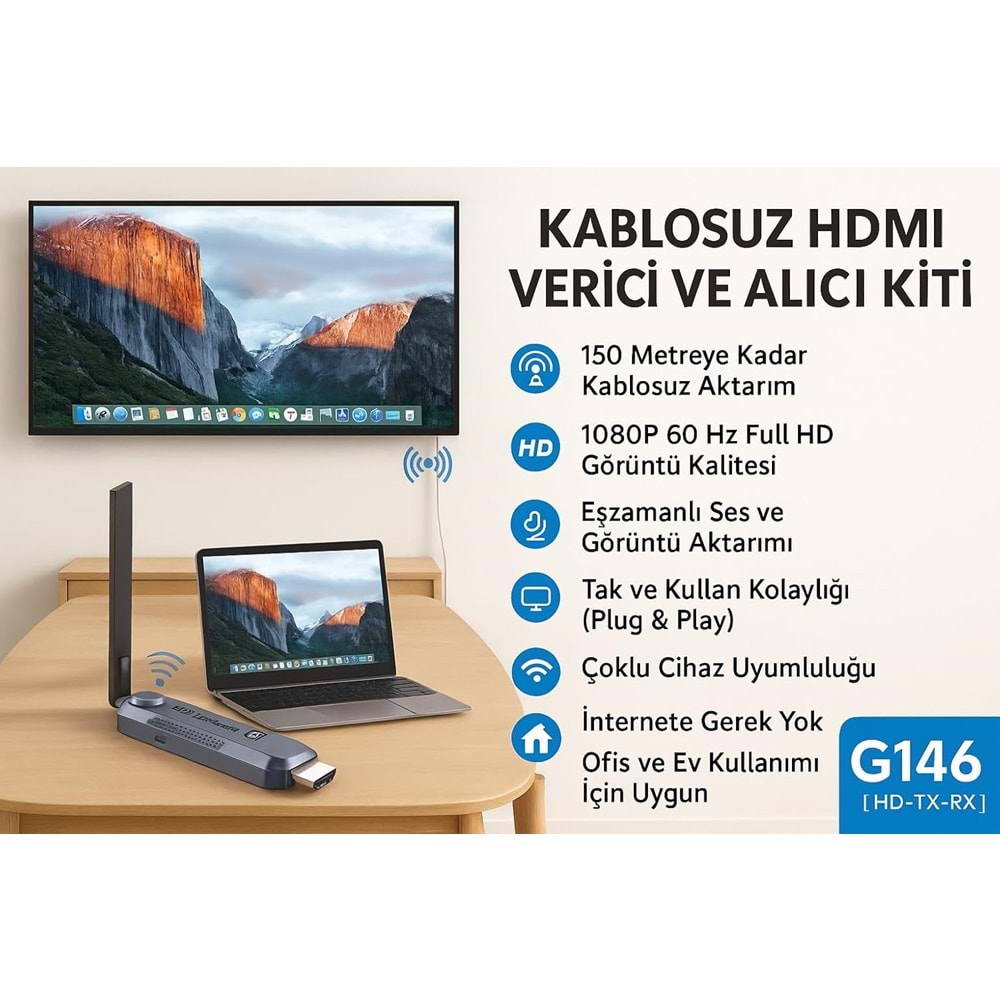 NBTech NB-HDWEX150 1080P 150m HDMI Wireless Extender, 150MT Kablosuz Hdmı Görüntü Aktarma Adaptörü Alıcı Verici 1080P 4K HD Kablosuz HDMI Bağlantı Adaptörü