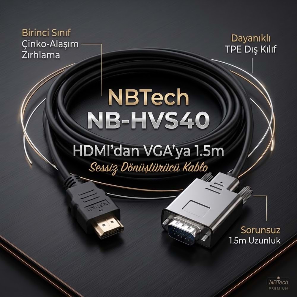 NBTech NB-HVS40 HDMI to VGA 1.8m Sessiz Çevirici Kablo