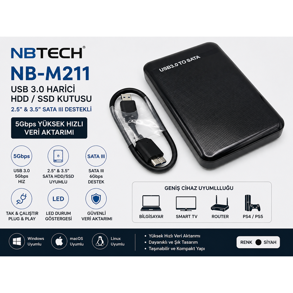 NBTECH NB-M211 USB 3.0 Harici HDD SSD Kutusu 2.5