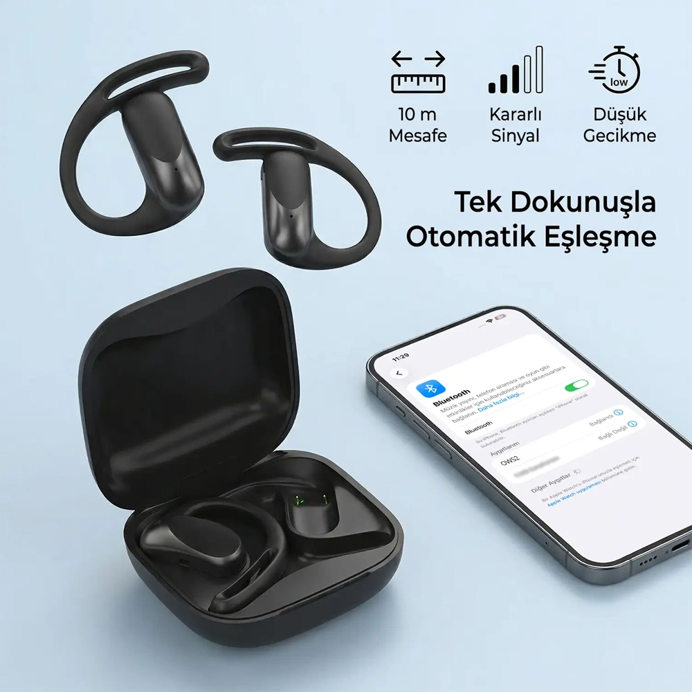 Bix OWS2 Bluetooth 5.4 Ergonomik Ear Hook Esnek Kulak Kancalı Kablosuz Kulaklık - Siyah