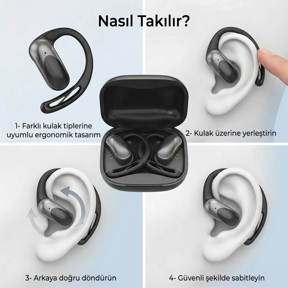 Bix OWS2 Bluetooth 5.4 Ergonomik Ear Hook Esnek Kulak Kancalı Kablosuz Kulaklık - Siyah