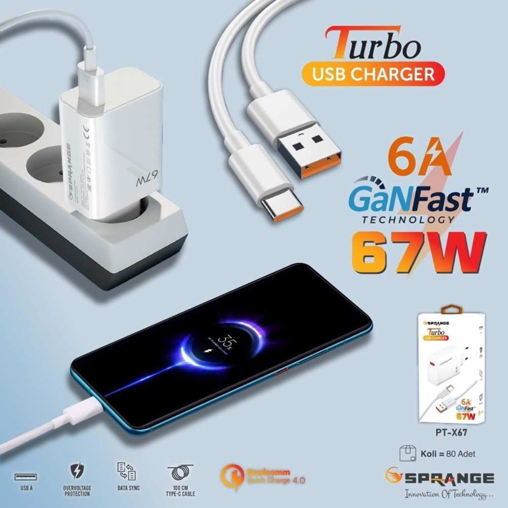 Sprange PT-X76 67W USB to Type-C Turbo Şarj Aleti QC 4.0 GaN Hızlı Şarj Adaptörü