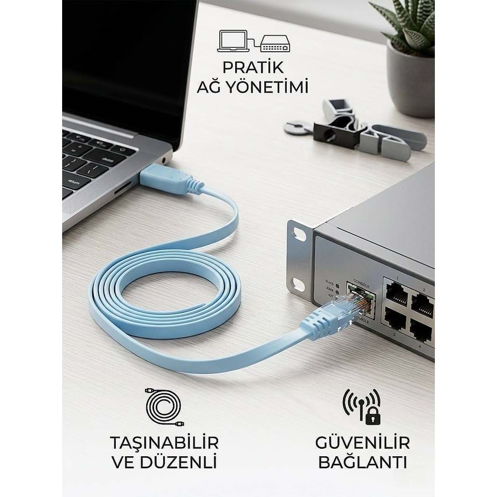 NBTech NB-5238 USB to RJ45 Console Yapılandırma Kablosu - Cisco, Huawei, HP ve Aruba Uyumlu Konsol Kablosu