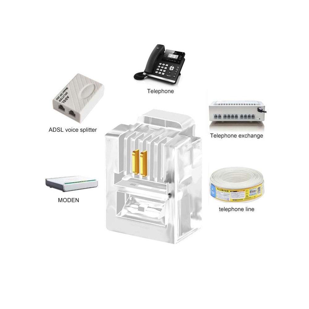 NBTech NB-6P2C RJ11 2 pinli konnektör, RJ11 Jack, 6P2C Jack, RJ11 Telefon Kablo Ucu 100 lü Paket