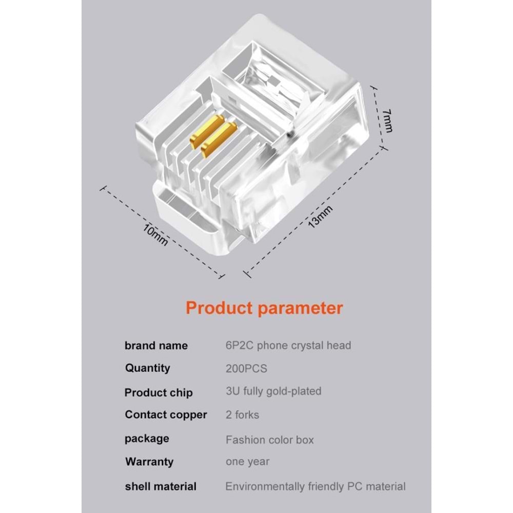 NBTech NB-6P2C RJ11 2 pinli konnektör, RJ11 Jack, 6P2C Jack, RJ11 Telefon Kablo Ucu 100 lü Paket