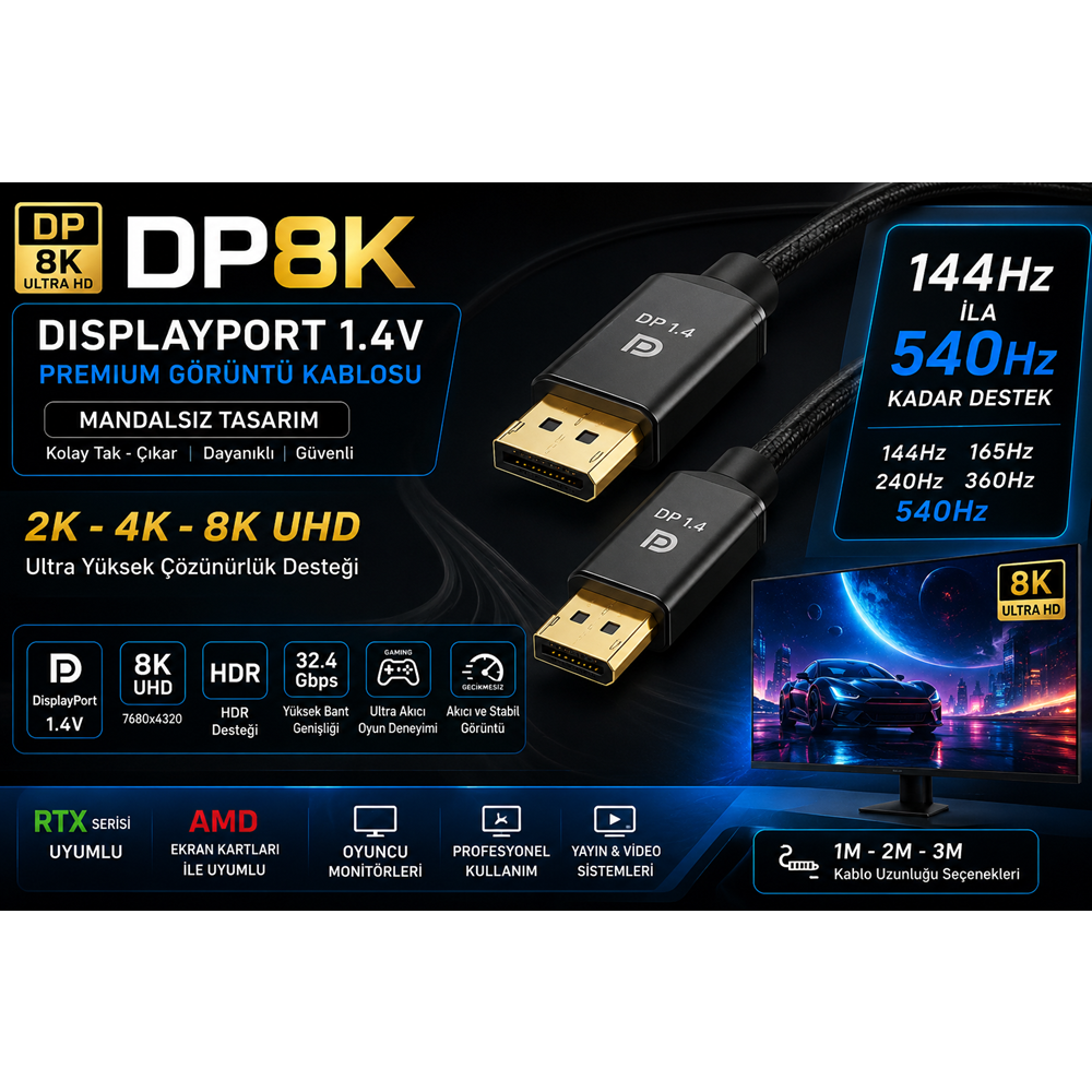 NBTech NB-DP8K DisplayPort 1.4V 8K UHD Görüntü Kablosu 2K 4K Destekli Mandalsız,144Hz / 165Hz / 240Hz / 360Hz / 540Hz destekli Display Kablosu