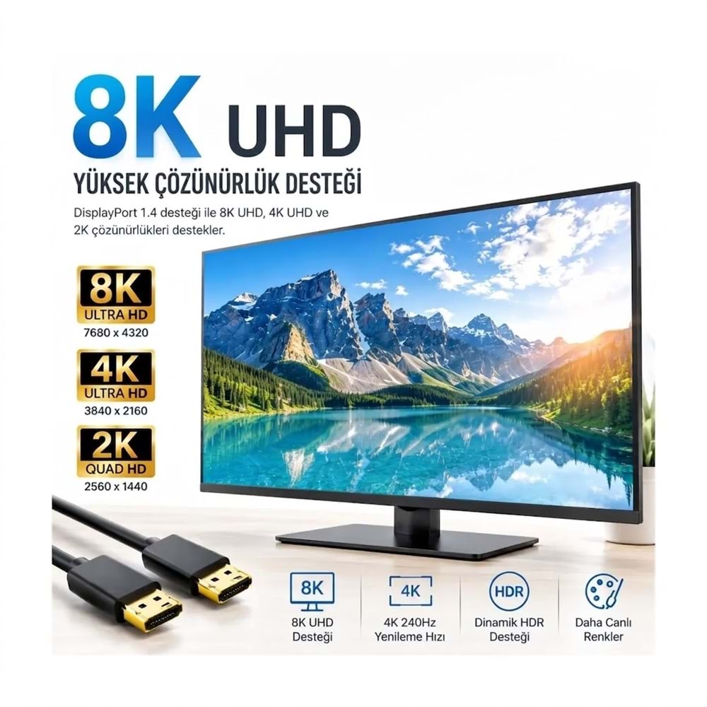 NBTech NB-DP8K DisplayPort 1.4 8K 480Hz HDR Gaming Monitör Görüntü Kablosu