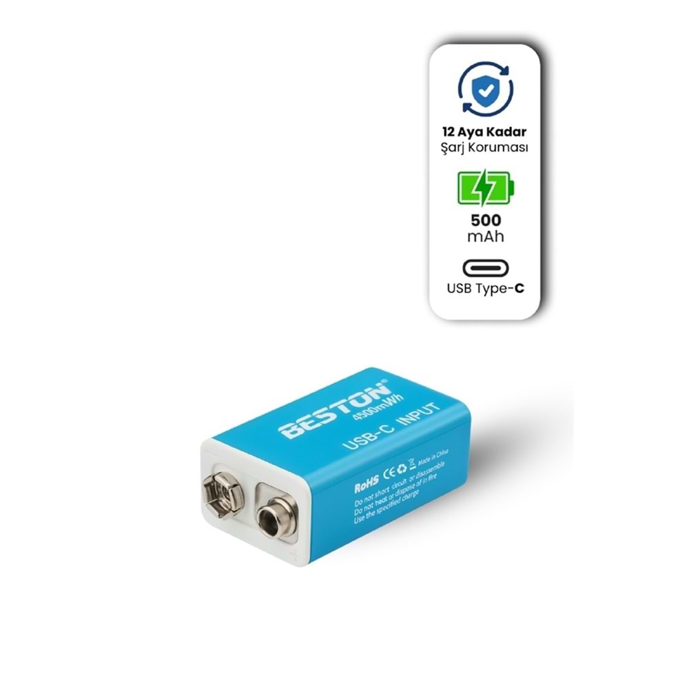 NBTech NB-TYP9V Type C Girişli Şarj Edilebilir Pil, 1000Mah 9V Şarj Edilebilir Pil