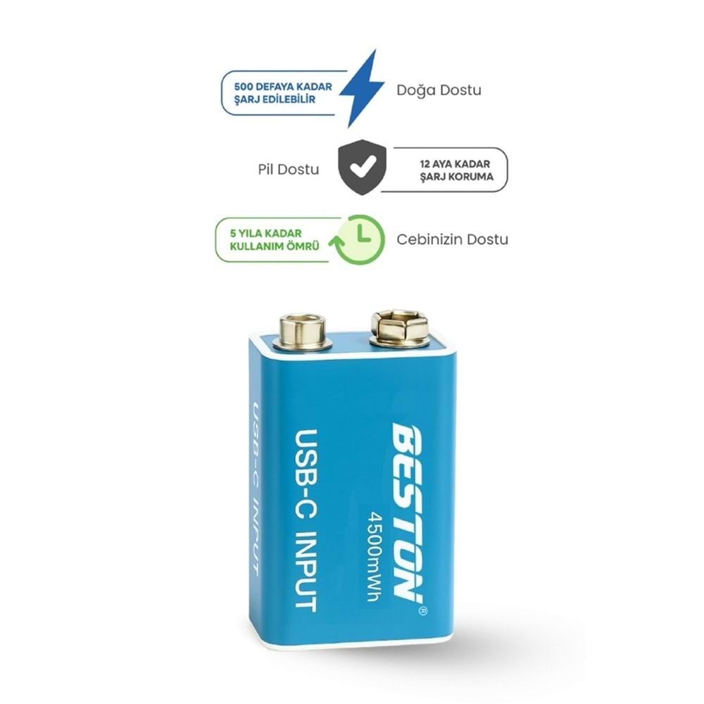 NBTech NB-TYP9V Type C Girişli Şarj Edilebilir Pil, 1000Mah 9V Şarj Edilebilir Pil