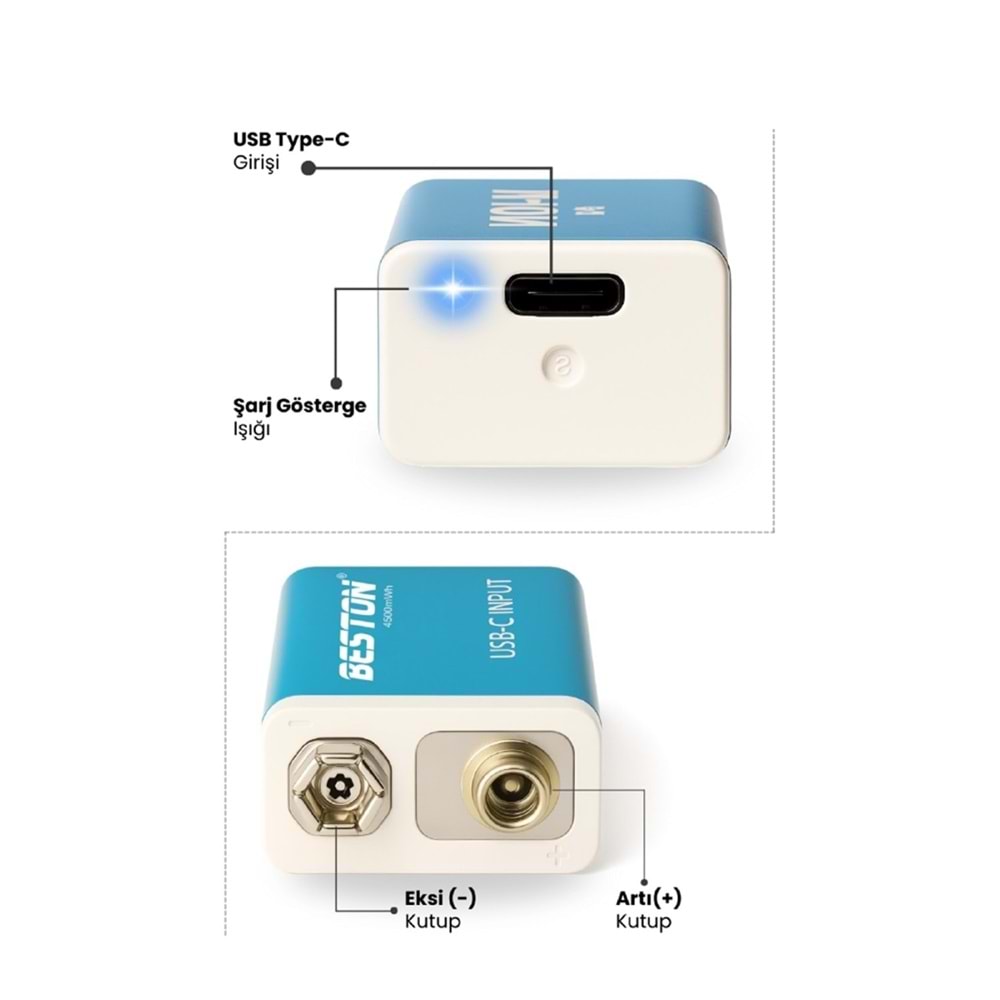 NBTech NB-TYP9V Type C Girişli Şarj Edilebilir Pil, 1000Mah 9V Şarj Edilebilir Pil