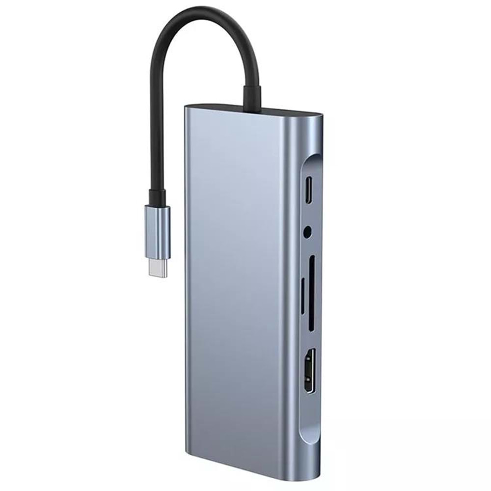 NBTech NB-U525 11 in 1 Macbook, Ultrabook Type C Docking, Type C to 4K@30Hz Gri Metal PD Charge, HDMI, VGA, Audio SD/TF Card, USB3.0, RJ45 Type C Adaptör