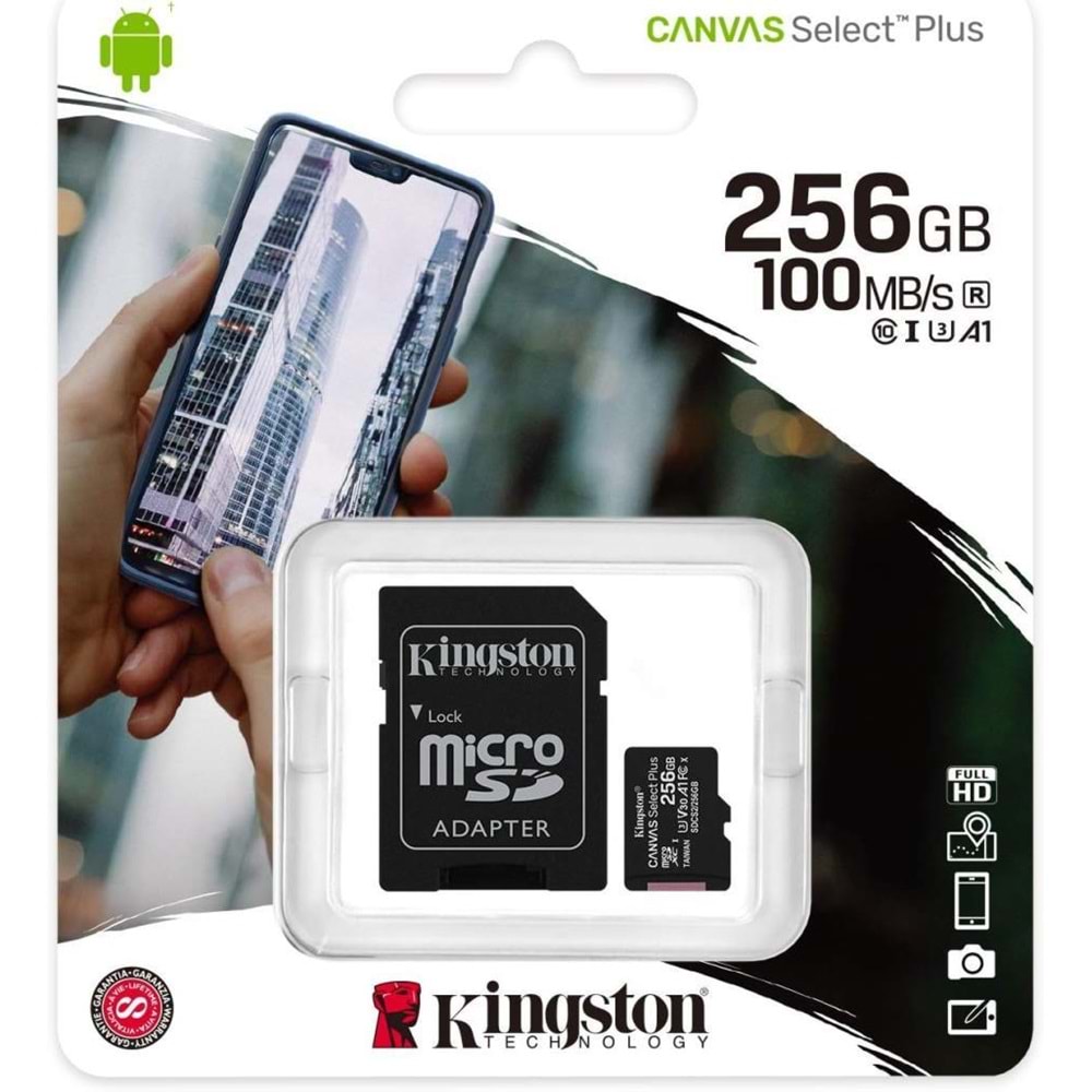 Kingston Canvas Select Plus SDCS2/256GB Class 10 U3 A1 V30 256 GB Micro SD Kart