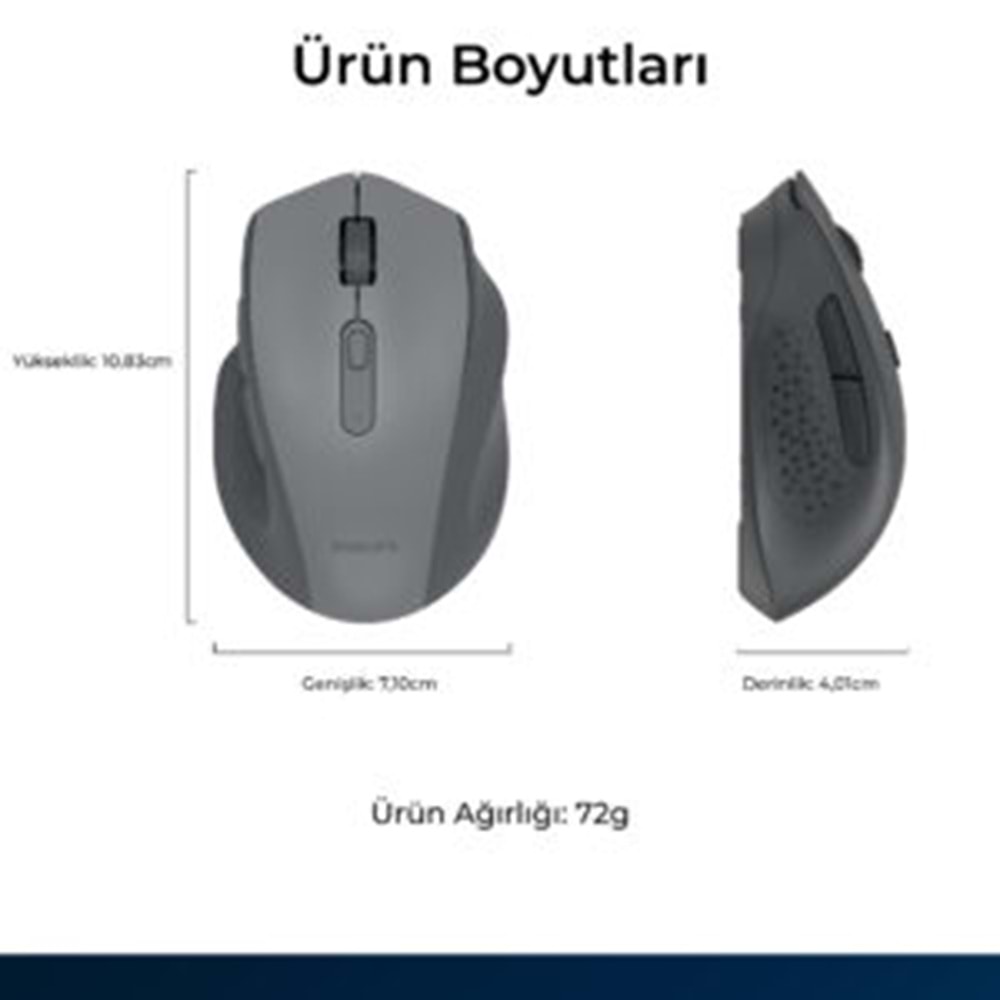 Philips SPK7547G Dual Mode Bluetooth + 2.4GHz 4000 DPI Sessiz Ergonomik Kablosuz Mouse Gri