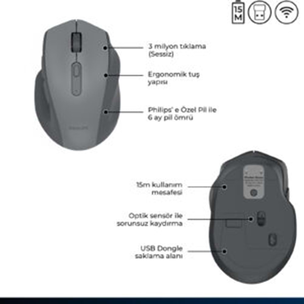 Philips SPK7547G Dual Mode Bluetooth + 2.4GHz 4000 DPI Sessiz Ergonomik Kablosuz Mouse Gri