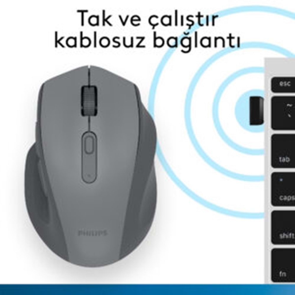 Philips SPK7547G Dual Mode Bluetooth + 2.4GHz 4000 DPI Sessiz Ergonomik Kablosuz Mouse Gri