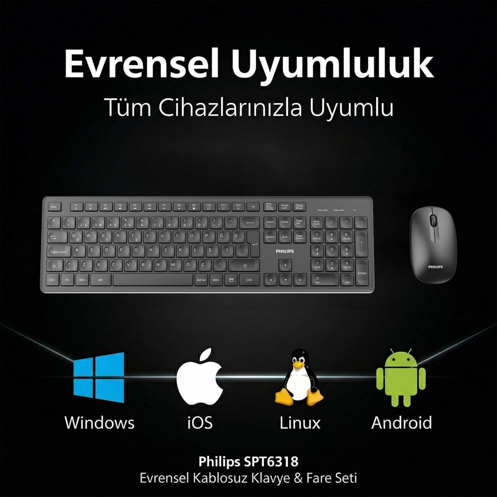 Philips SPT6318 Kablosuz Türkçe Q Klavye ve Mouse Seti - Siyah (Ergonomik ve Sessiz)