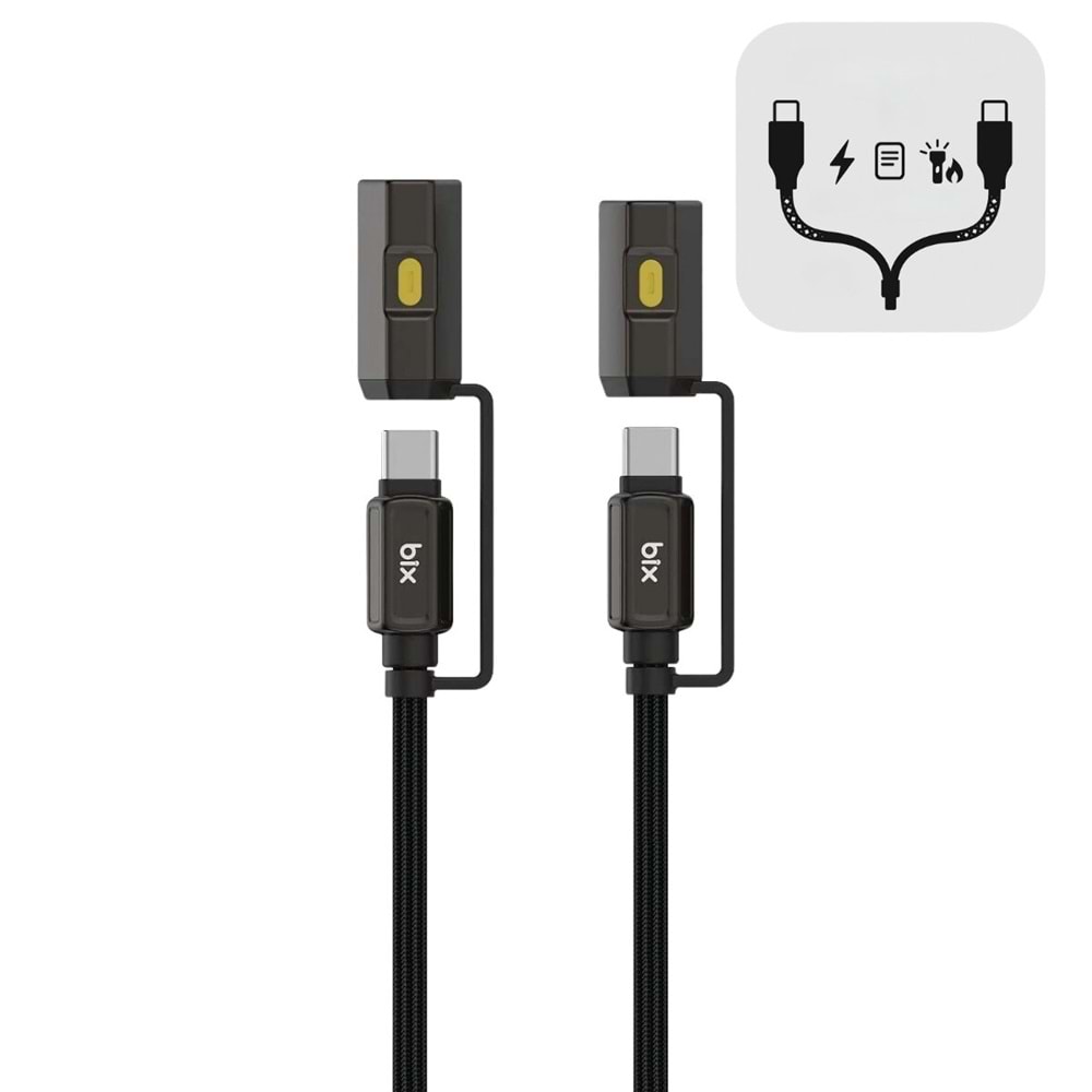 BIX T2IN1C 240W LED Fener ve Alevsiz Çakmak Fonksiyonlu Type-C to Type-C Şarj ve Data Kablosu 1.2 Metre Siyah