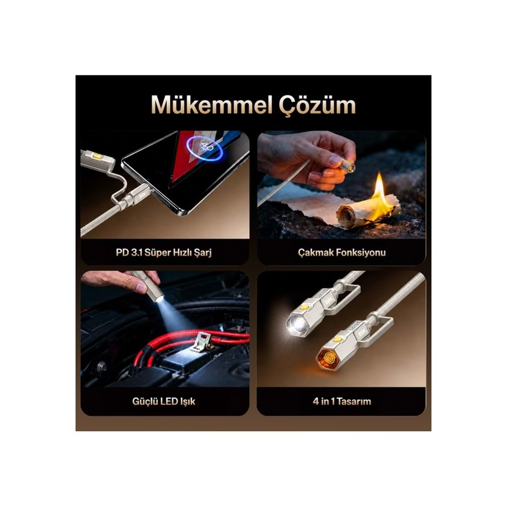 BIX T2IN1C 240W LED Fener ve Alevsiz Çakmak Fonksiyonlu Type-C to Type-C Şarj ve Data Kablosu 1.2 Metre Siyah