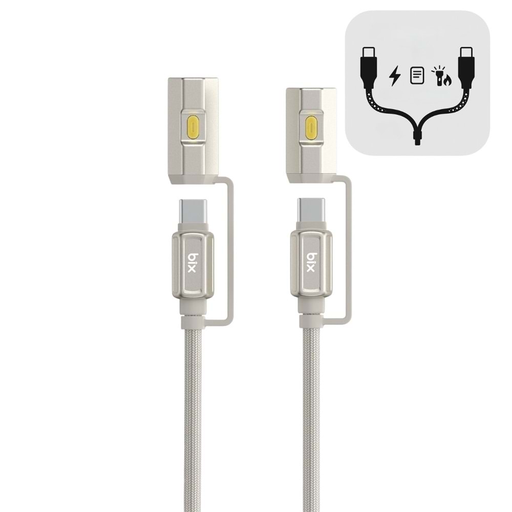 BIX T2IN1C 240W LED Fener ve Alevsiz Çakmak Fonksiyonlu Type-C to Type-C Şarj ve Data Kablosu 1.2 Metre Gri
