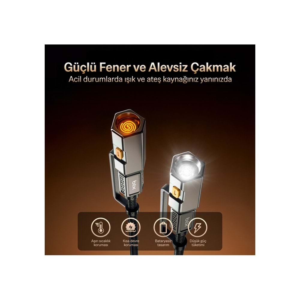 BIX T2IN1C 240W LED Fener ve Alevsiz Çakmak Fonksiyonlu Type-C to Type-C Şarj ve Data Kablosu 1.2 Metre Gri
