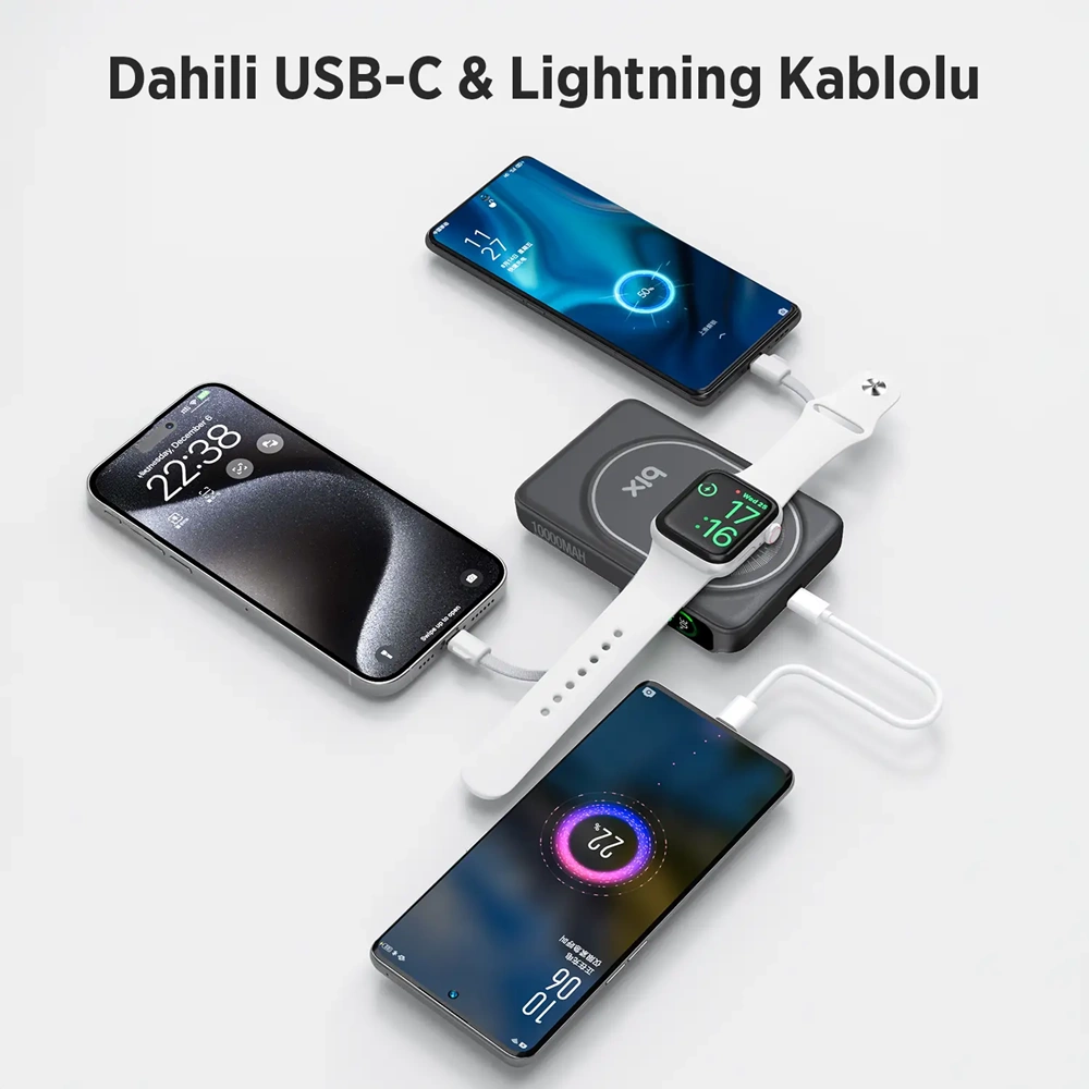 BIX TPB16 6’sı 1 Arada 10000mAh Manyetik OLED Ekranlı Kablosuz Powerbank Siyah