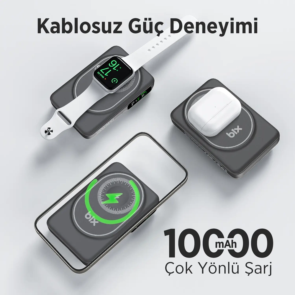 BIX TPB16 6’sı 1 Arada 10000mAh Manyetik OLED Ekranlı Kablosuz Powerbank Siyah