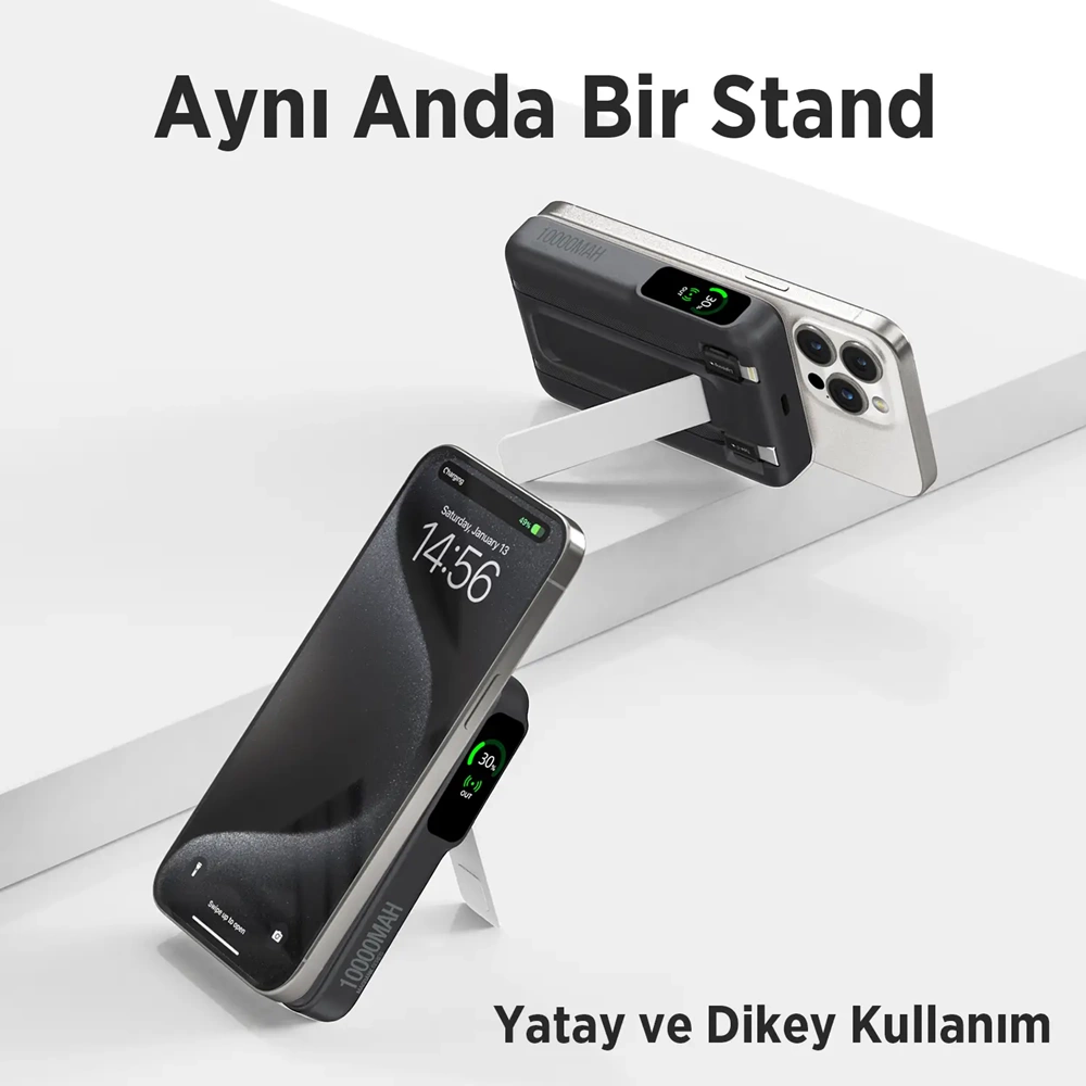 BIX TPB16 6’sı 1 Arada 10000mAh Manyetik OLED Ekranlı Kablosuz Powerbank Siyah