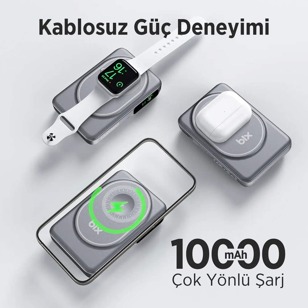 BIX TPB16 6’sı 1 Arada 10000mAh Manyetik OLED Ekranlı Kablosuz Powerbank Gri