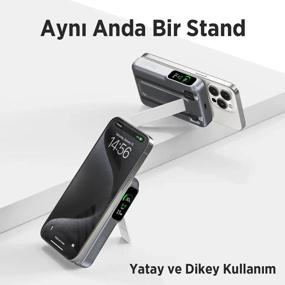 BIX TPB16 6’sı 1 Arada 10000mAh Manyetik OLED Ekranlı Kablosuz Powerbank Gri