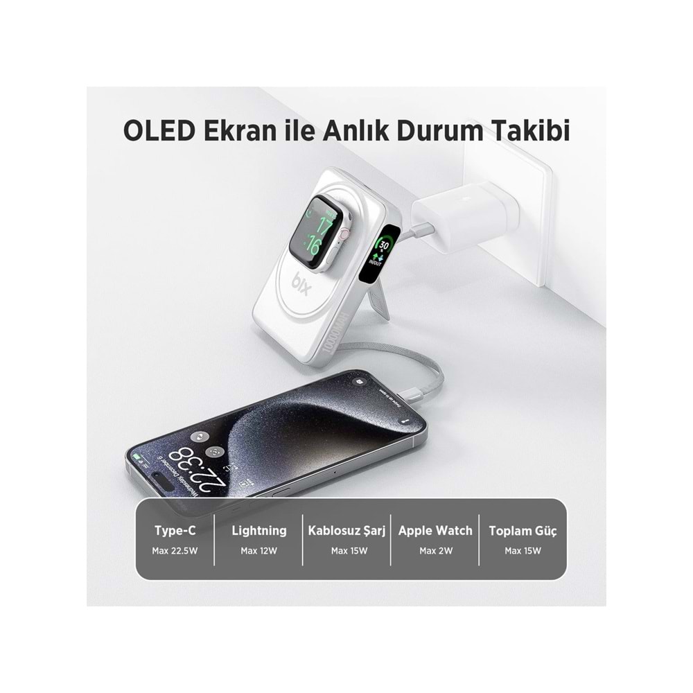 BIX TPB16 6’sı 1 Arada 10000mAh Manyetik OLED Ekranlı Kablosuz Powerbank