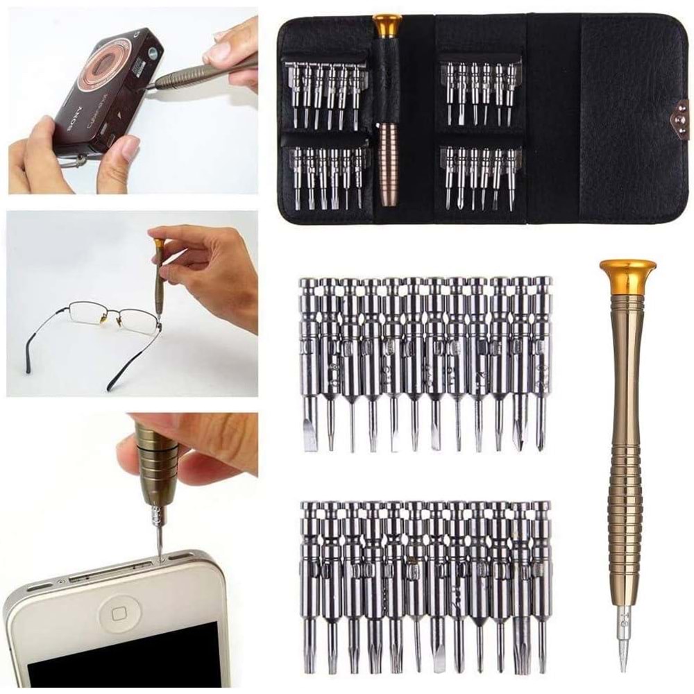NBTech TRN-25 Deri kılıf Elektronikçi Tornavida Seti, Saatçi Tornavida Seti, Cep Telefonu Tornavida Seti, Bilgisayar Tamir Tornavida Seti, Mini Tornavida Seti 25'li