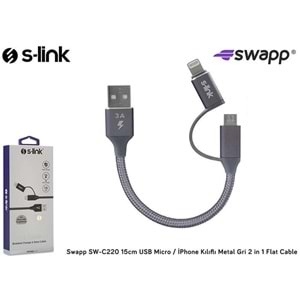 S-link Swapp SW-C220 15cm USB Micro/İPhone Kılıflı Metal Gri 2 in 1 Flat Cable