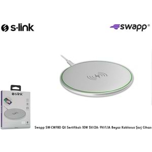 S-Link Swapp SW-CWF80 QI Sertifikalı 10W 5V/2A- 9V/1.1A Beyaz Kablosuz Şarj Cihazı