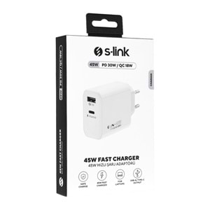 S-link SL-EC68 45W GAN PD 30W / QC 18W Type Type USB-C +USB A Hızlı Beyaz EV/NOTEBOOK Şarj Adaptör