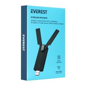 Everest EVERLINK EWA1800 1800Mbps 2.4GHz/5GHz WIFI-6 AX1800 RTL8832 2*3.5dBi USB3.0 Kablosuz Adaptör
