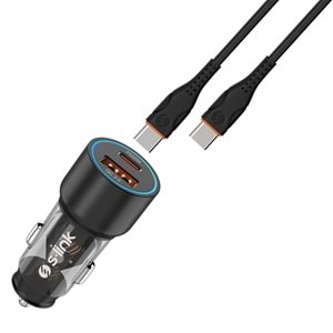 S-link SL-AC43TP TypeC to TypeC Kablolu 43W PD 25W + QC3.0 18W Siyah Araç Şarj Cihazı