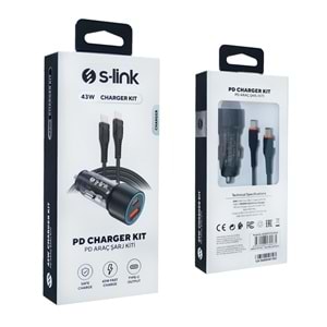 S-link SL-AC43TP TypeC to TypeC Kablolu 43W PD 25W + QC3.0 18W Siyah Araç Şarj Cihazı