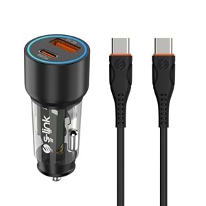 S-link SL-AC43TP TypeC to TypeC Kablolu 43W PD 25W + QC3.0 18W Siyah Araç Şarj Cihazı