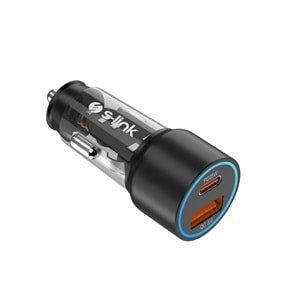 S-link SL-AC43TP TypeC to TypeC Kablolu 43W PD 25W + QC3.0 18W Siyah Araç Şarj Cihazı