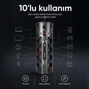 S-link PRZ01 PrizHive 10'lu 3 Metre Akım Korumalı Priz 1 USB 1 Type-C 3680W Siyah