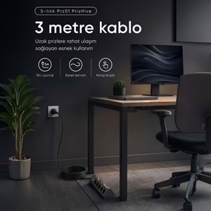 S-link PRZ01 PrizHive 10'lu 3 Metre Akım Korumalı Priz 1 USB 1 Type-C 3680W Siyah