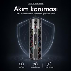 S-link PRZ01 PrizHive 10'lu 3 Metre Akım Korumalı Priz 1 USB 1 Type-C 3680W Siyah