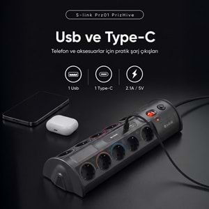 S-link PRZ01 PrizHive 10'lu 3 Metre Akım Korumalı Priz 1 USB 1 Type-C 3680W Siyah