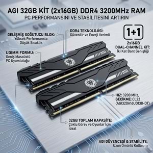 AGI 32GB Kit (2x16GB) DDR4 3200MHz UDIMM CL22 Soğutuculu Masaüstü PC RAM