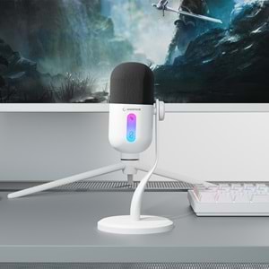 Rampage ARPEJ Beyaz RGB Standlı Ses Göstergeli USB Masaüstü Oyuncu Mikrofonu